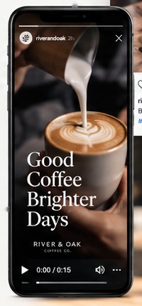 The campaign video playing on a phone: coffee being poured, titled Good Coffee Brighter Days