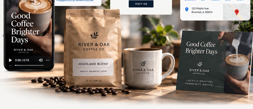 The same campaign on the coffee bag, the mug and a printed card on the counter