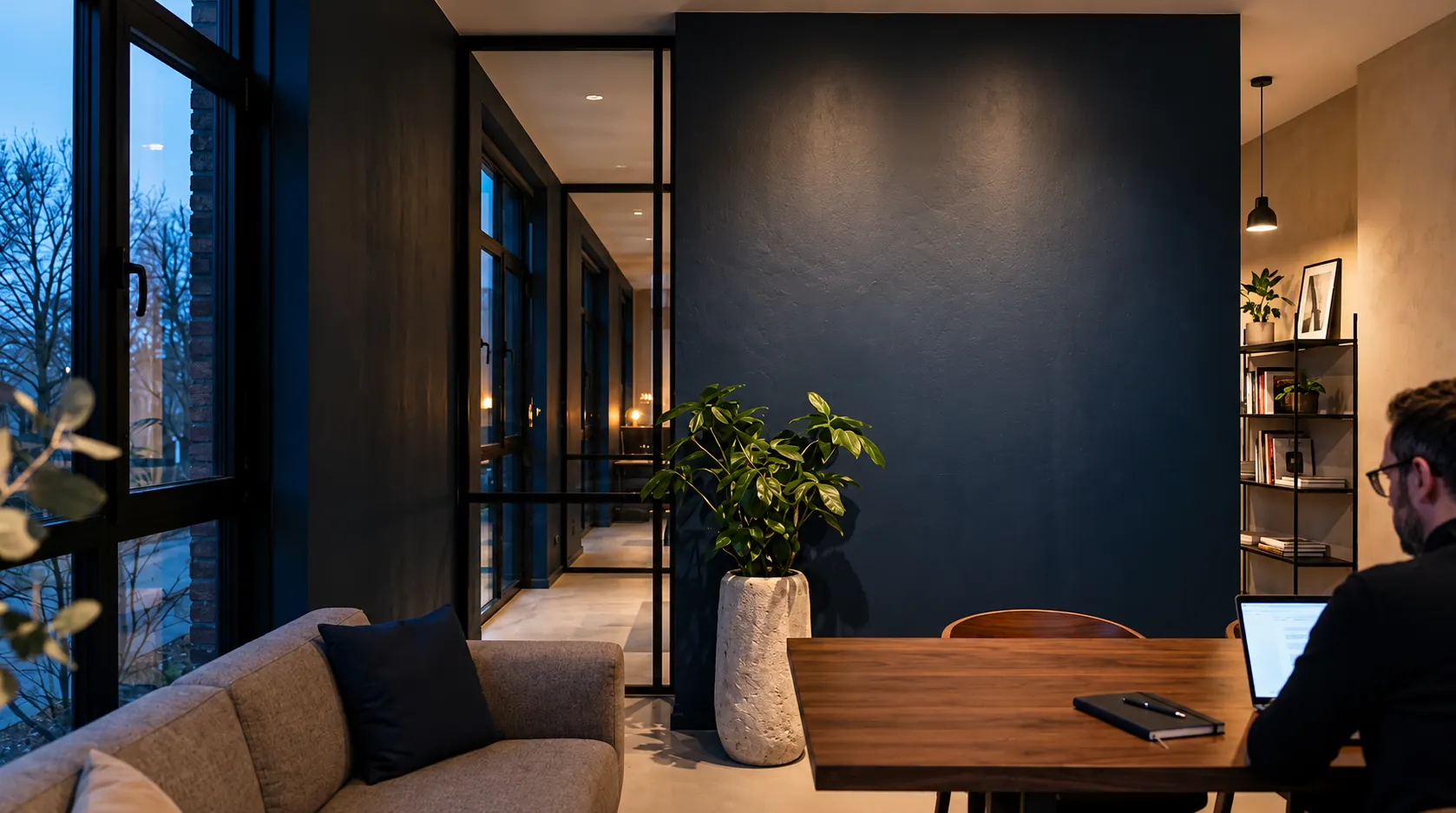 A dark, quiet office with a navy wall, shelves, plants and a person working at a laptop