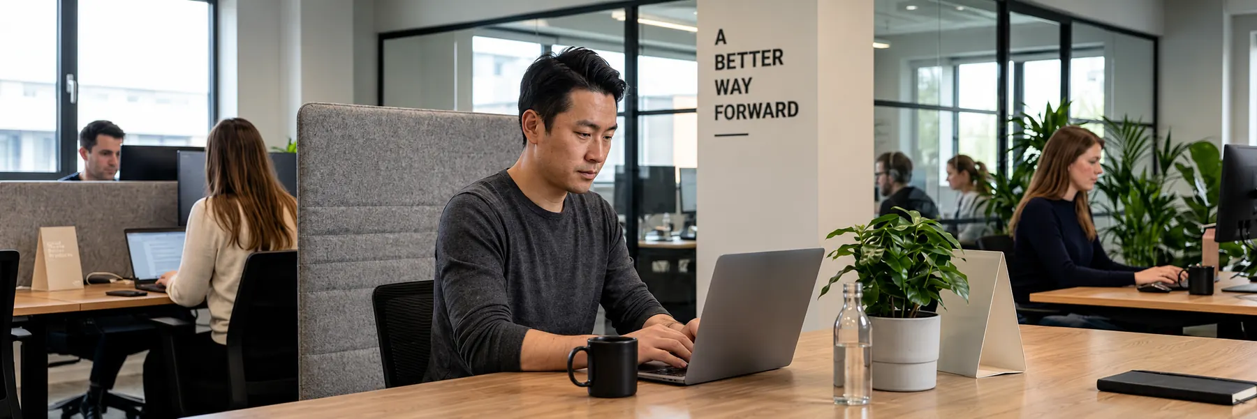 A team working on laptops in an open office under a wall sign reading A Better Way Forward